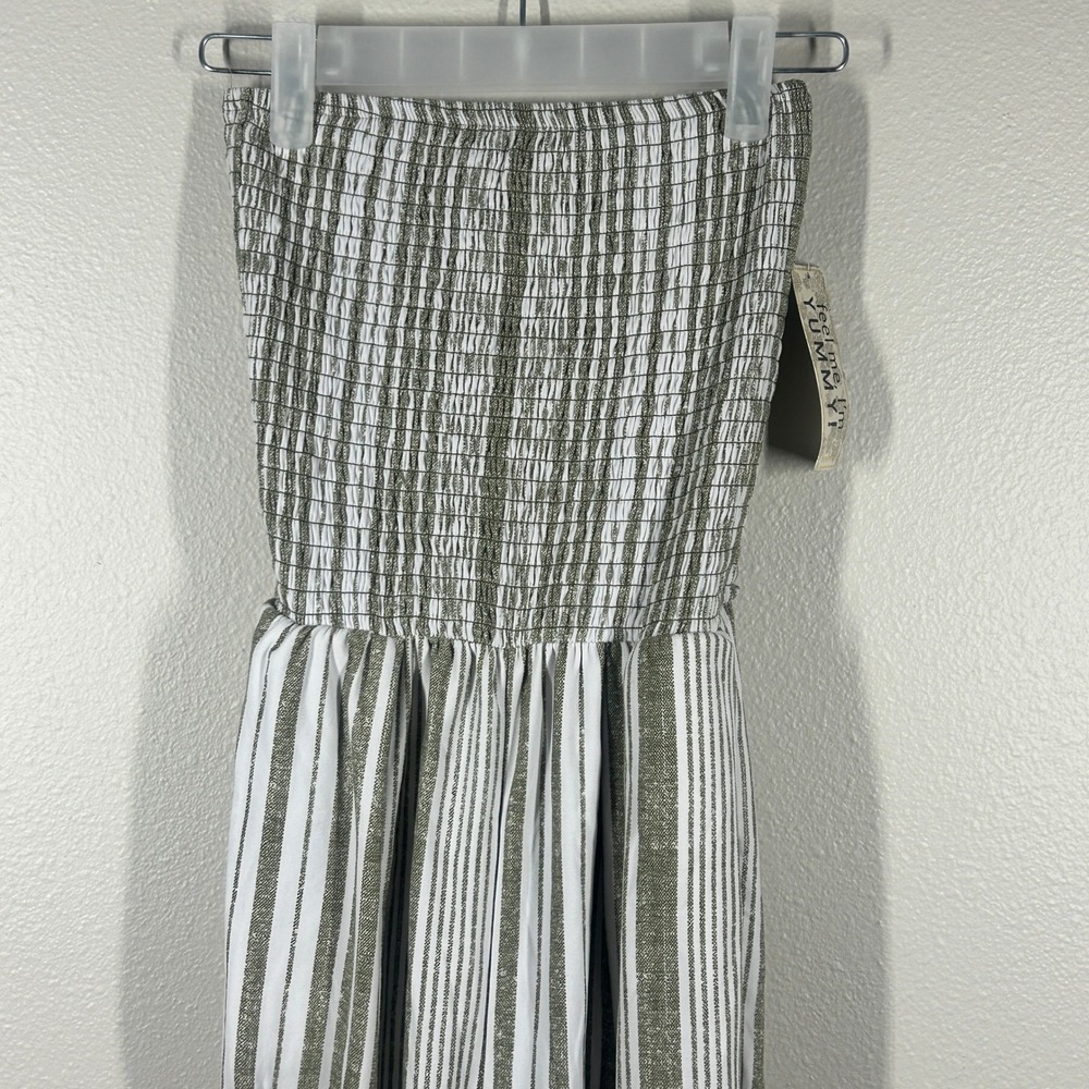 Derek Heart Womens Strapless Smocked Striped Jumpsuit Olive Green White S NWT